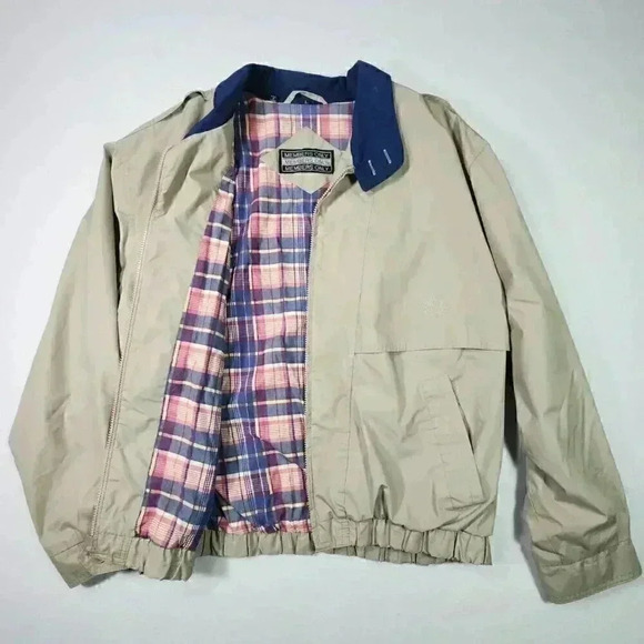 Members Only Mens Embroidered Logo Jacket Large Tan w/Plaid Lining Epaulets READ - Picture 3 of 16